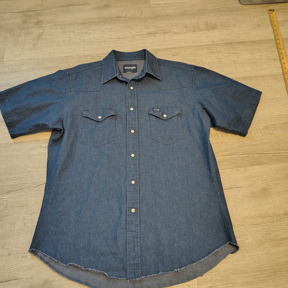 Wrangler Mens Blue Denim Western Pearl Snap Short Sleeve Shirt Raw Hem Large